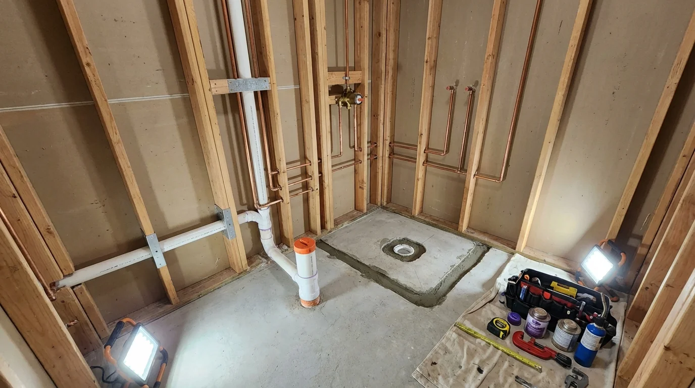 Bathroom rough-in plumbing during remodel by Johns Plumbing LLC in Lunenburg