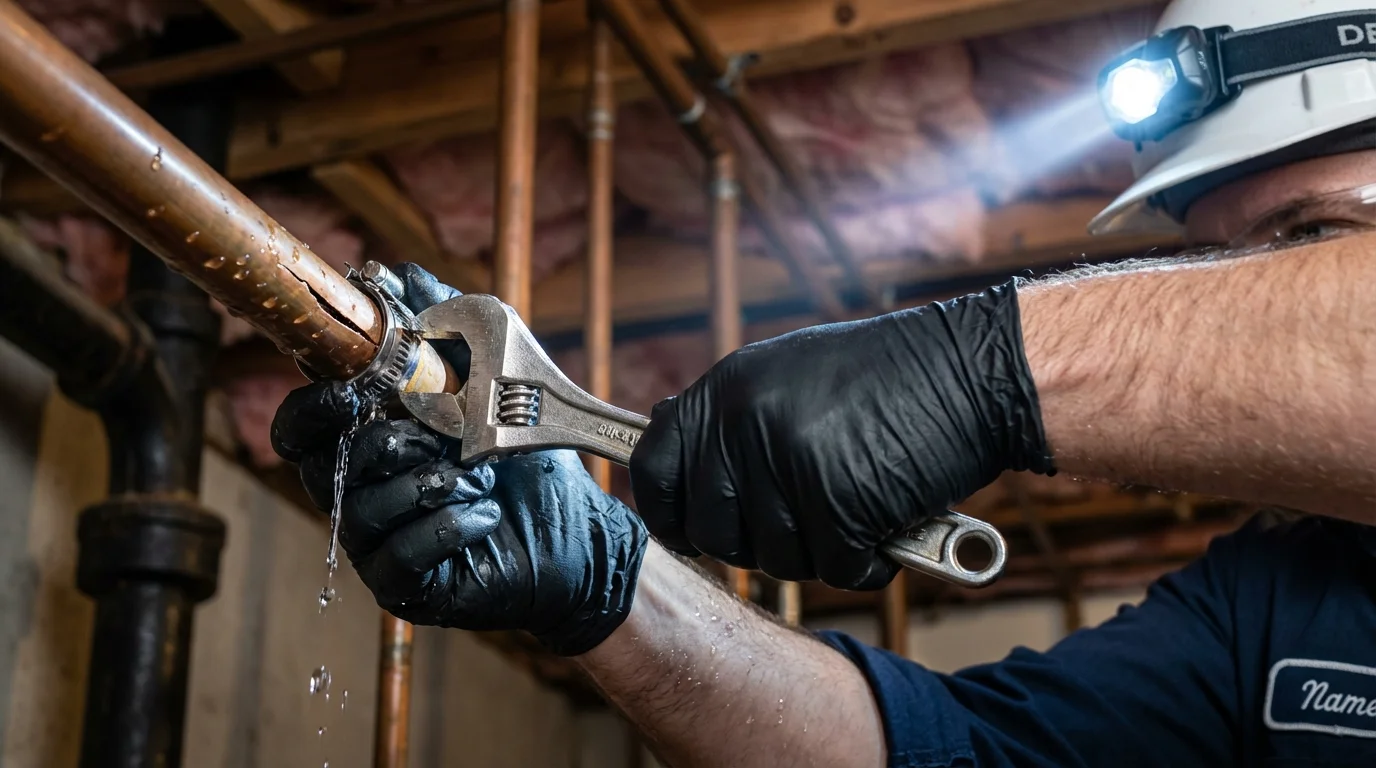 Emergency pipe clamp repair being performed by a Johns Plumbing LLC plumber in Lunenburg