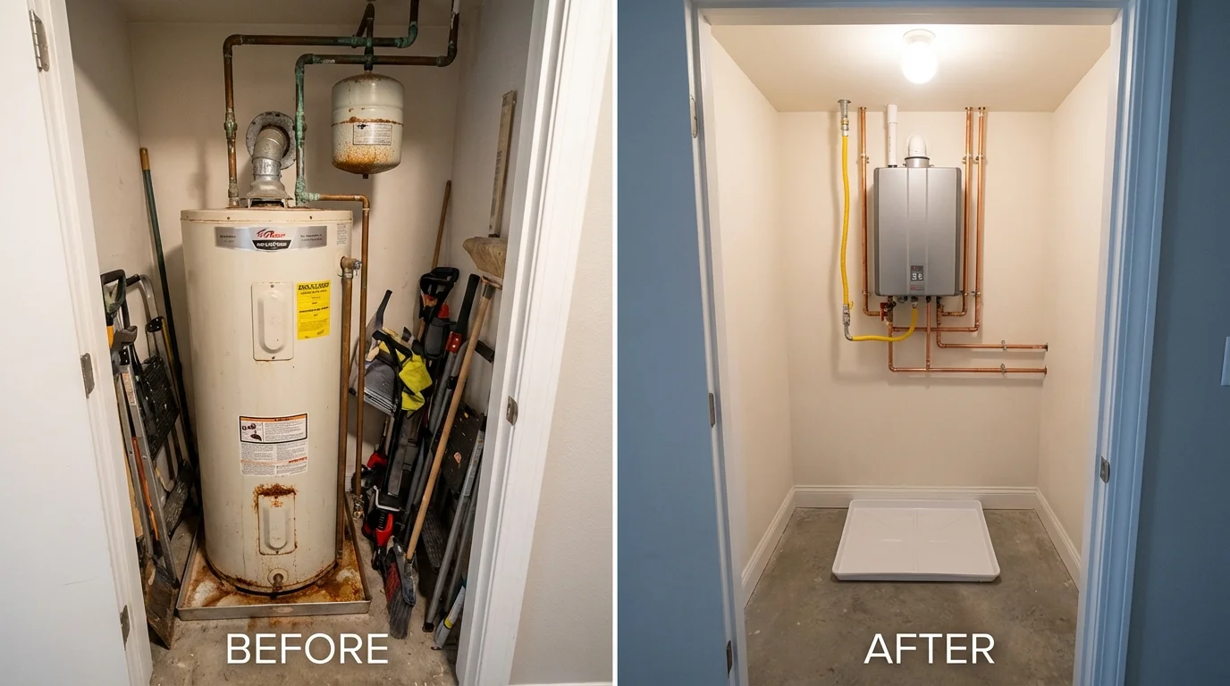 Tank water heater versus wall-mounted tankless unit comparison for Lunenburg, VT homeowners
