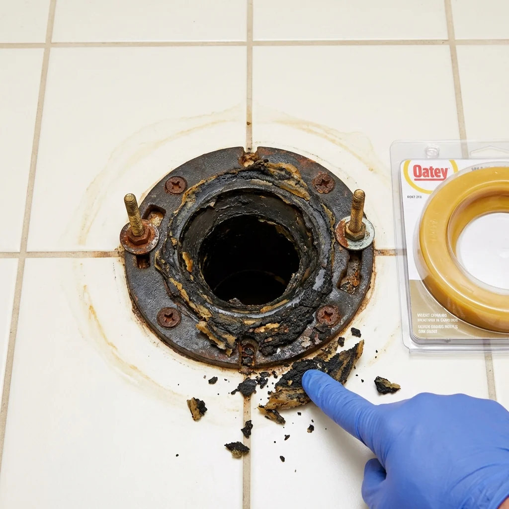 Failed wax ring showing water seepage at the base of a toilet in a Lunenburg, VT home
